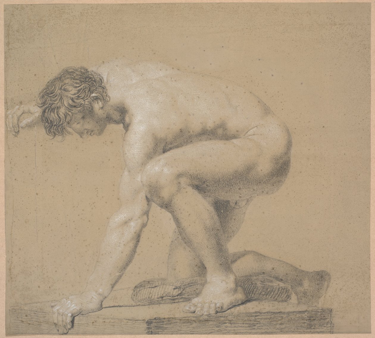 Modello mezzo inginocchiato. Ginocchio destro appoggiato su un cuscino. Braccio destro sollevato dietro la testa. Braccio sinistro appoggiato da Nicolai Abildgaard