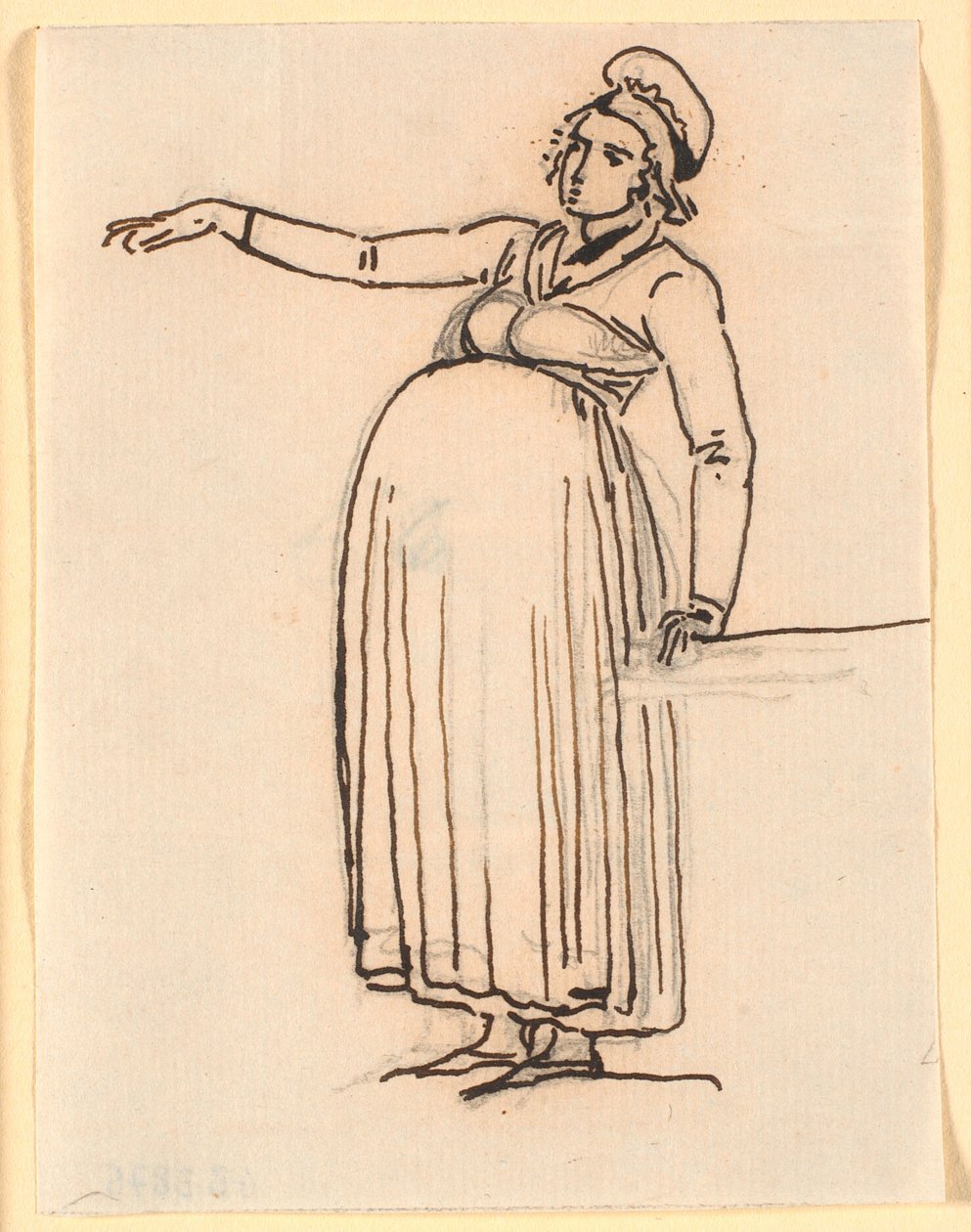 Caricatura di una donna incinta con il braccio destro teso da Nicolai Abildgaard