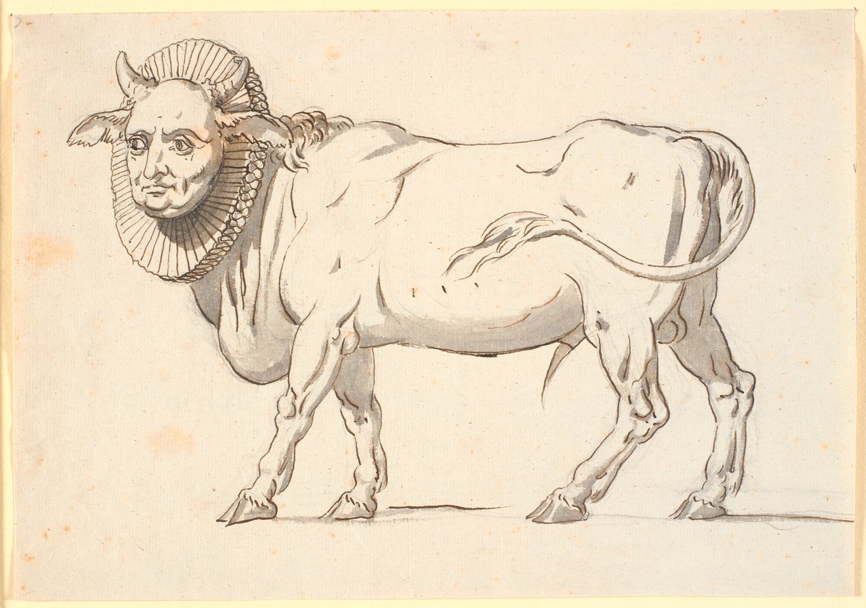 Caricatura di un ecclesiastico, in forma di toro con volto umano e colletto a pieghe intorno al collo da Nicolai Abildgaard