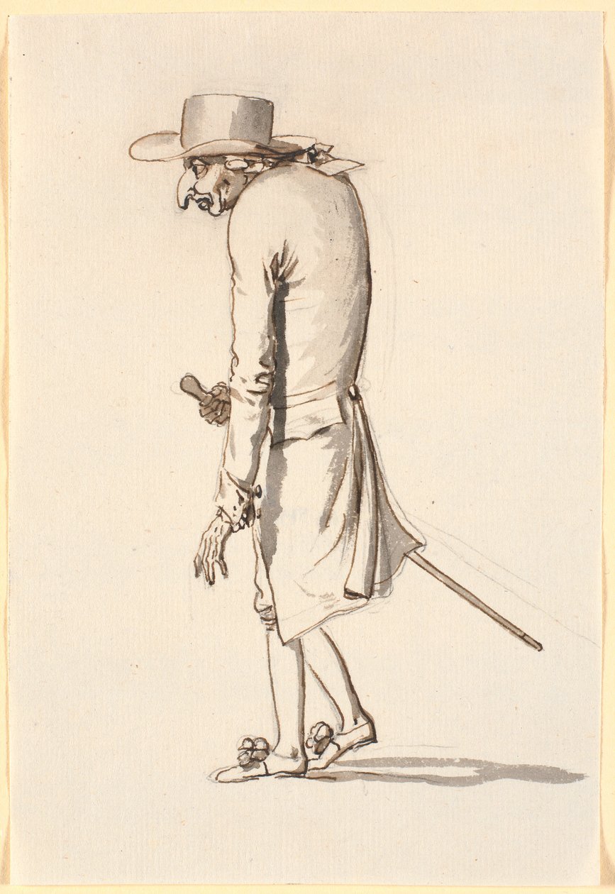 Caricatura di un uomo curvo, che cammina verso sinistra, con un bastone nella mano destra da Nicolai Abildgaard