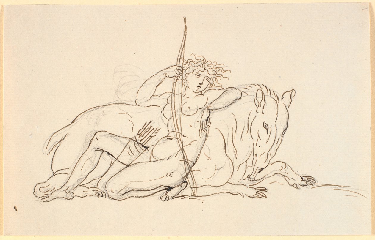 Figura femminile con frecce e faretra, seduta appoggiata a un animale fantastico (forse un formichiere). Allegoria dell