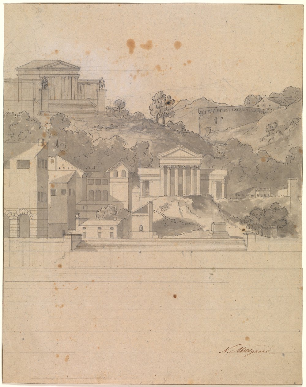 Paesaggio con edifici antichi. Bozzetto decorativo da Nicolai Abildgaard