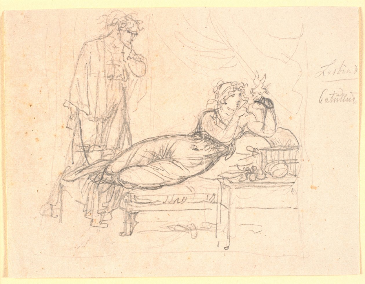 Lesbia e Catullo. Lesbia sdraiata, tenendo un uccello nella mano sinistra. Catullo sta dietro da Nicolai Abildgaard