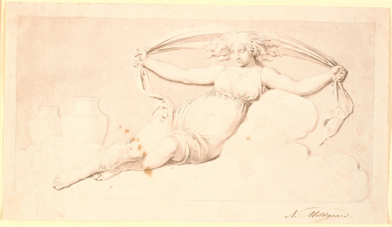 La notte, una figura femminile riposante. Eseguito come grisaglia. Stessa composizione di Td 542,38 ma senza ali e con capelli sciolti da Nicolai Abildgaard