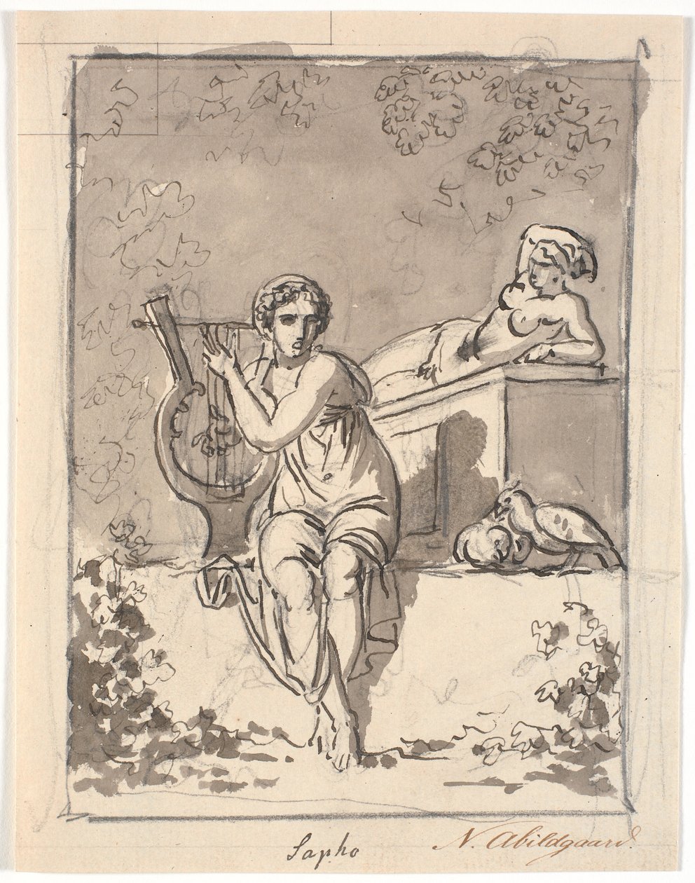 Saffo, seduta con la sua lira, sullo sfondo riposa un ermafrodito da Nicolai Abildgaard