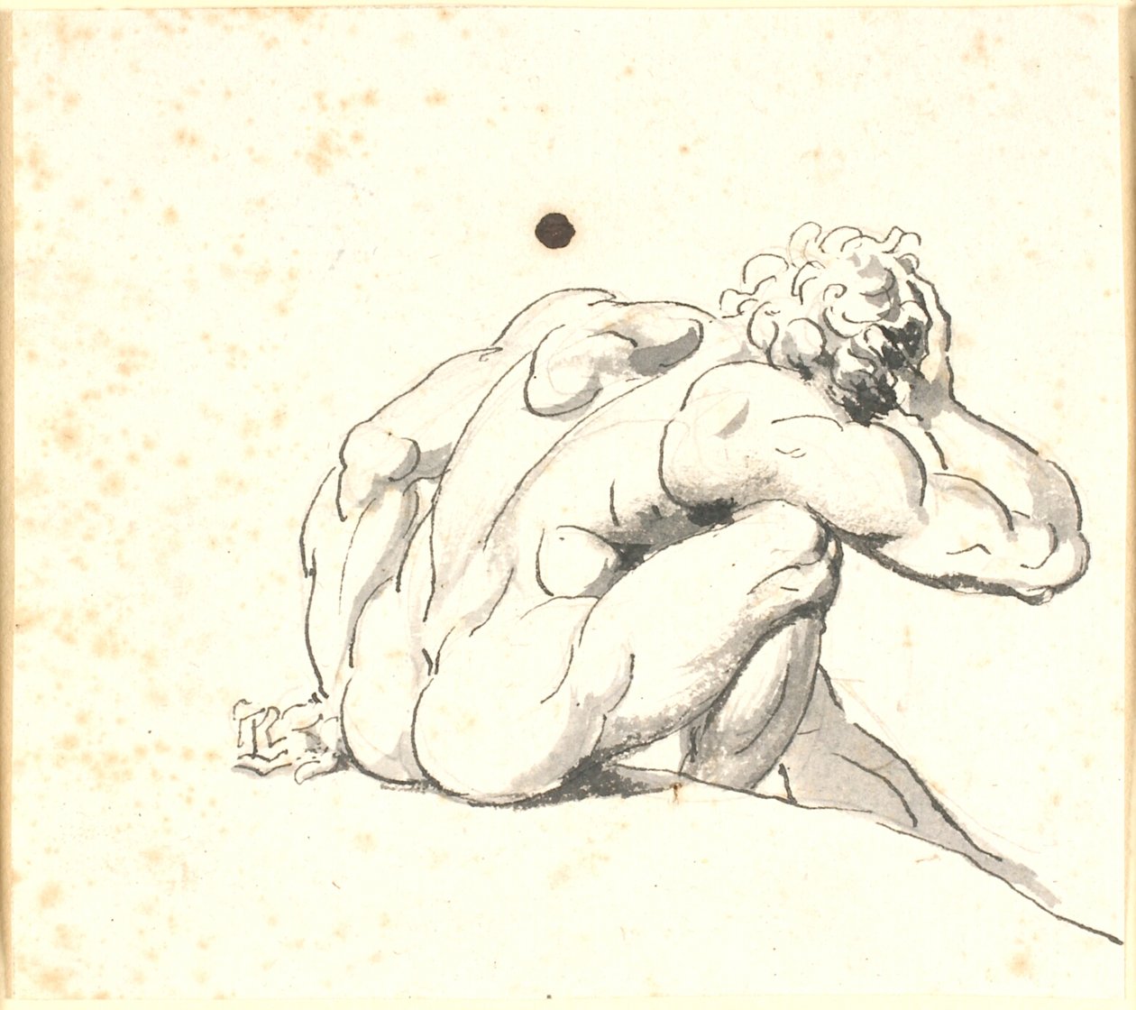 Uomo seduto piegato in avanti, visto da dietro con la mano destra alla testa da Nicolai Abildgaard