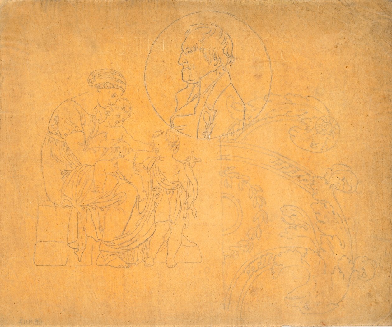 Donna seduta con due bambini e ritratto di profilo in composizione circolare da Nicolai Abildgaard