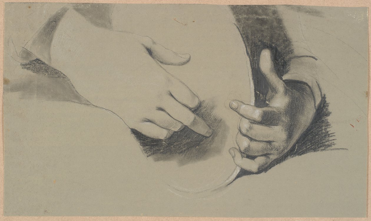 Studio di due mani che tengono un oggetto ovale (uno specchio o una corona?) da Nicolai Abildgaard