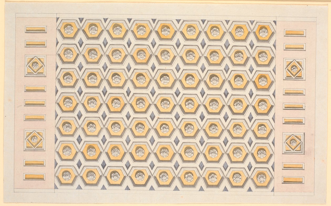 Bozza per soffitto con cassette esagonali e rosette in giallo e viola da Nicolai Abildgaard