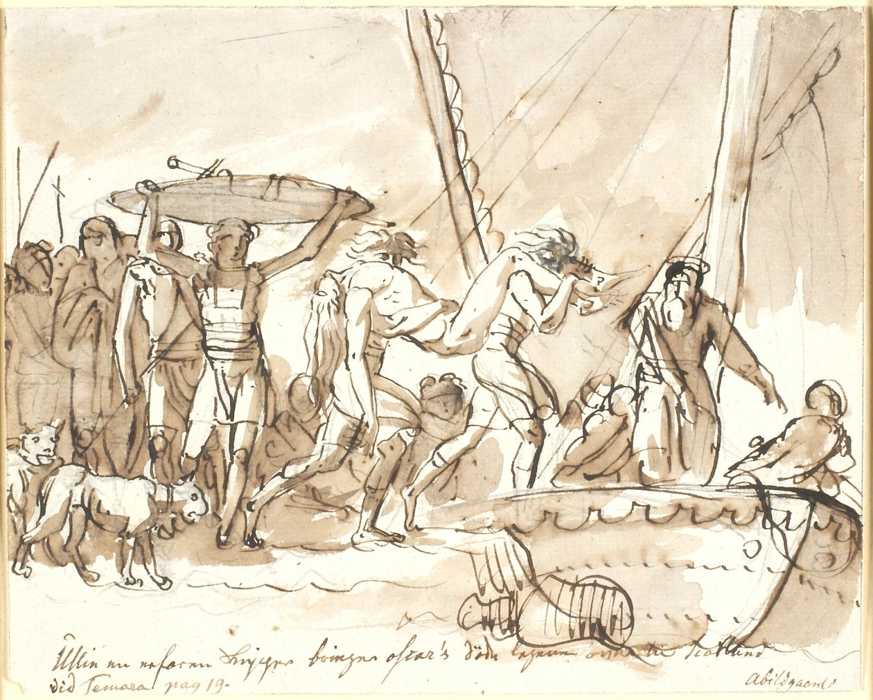Ullin porta il corpo morto di Oscar in Scozia. Poesie di Ossian, Temora I da Nicolai Abildgaard