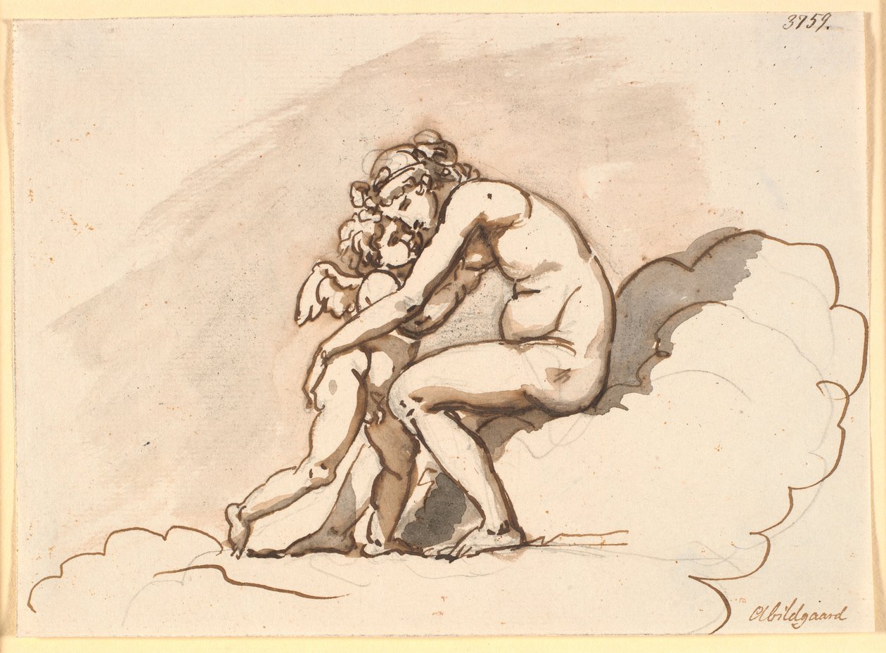 Venere, seduta tra le nuvole, abbraccia Amore da Nicolai Abildgaard