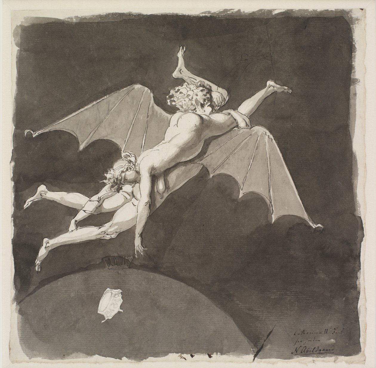 Caterina la Grande, nuda, che vola via dalla Terra sulla schiena di un uomo con ali di pipistrello, 18° secolo da Nicolai Abraham Abildgaard