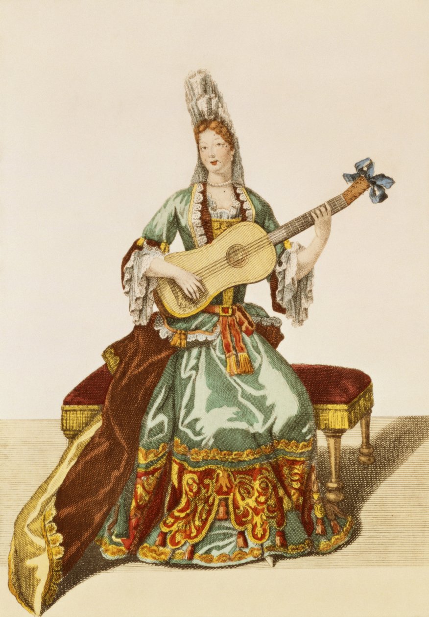 Signora di qualità che suona la chitarra, tavola di moda, c.1695 da Nicolas Bonnart