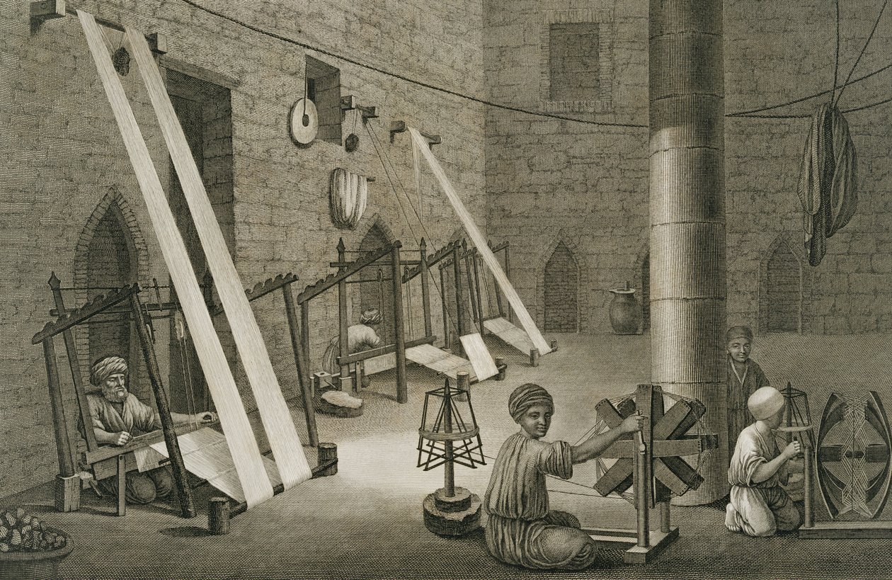 Interno di un laboratorio di tessitura, dal Volume II Arti e Mestieri di 