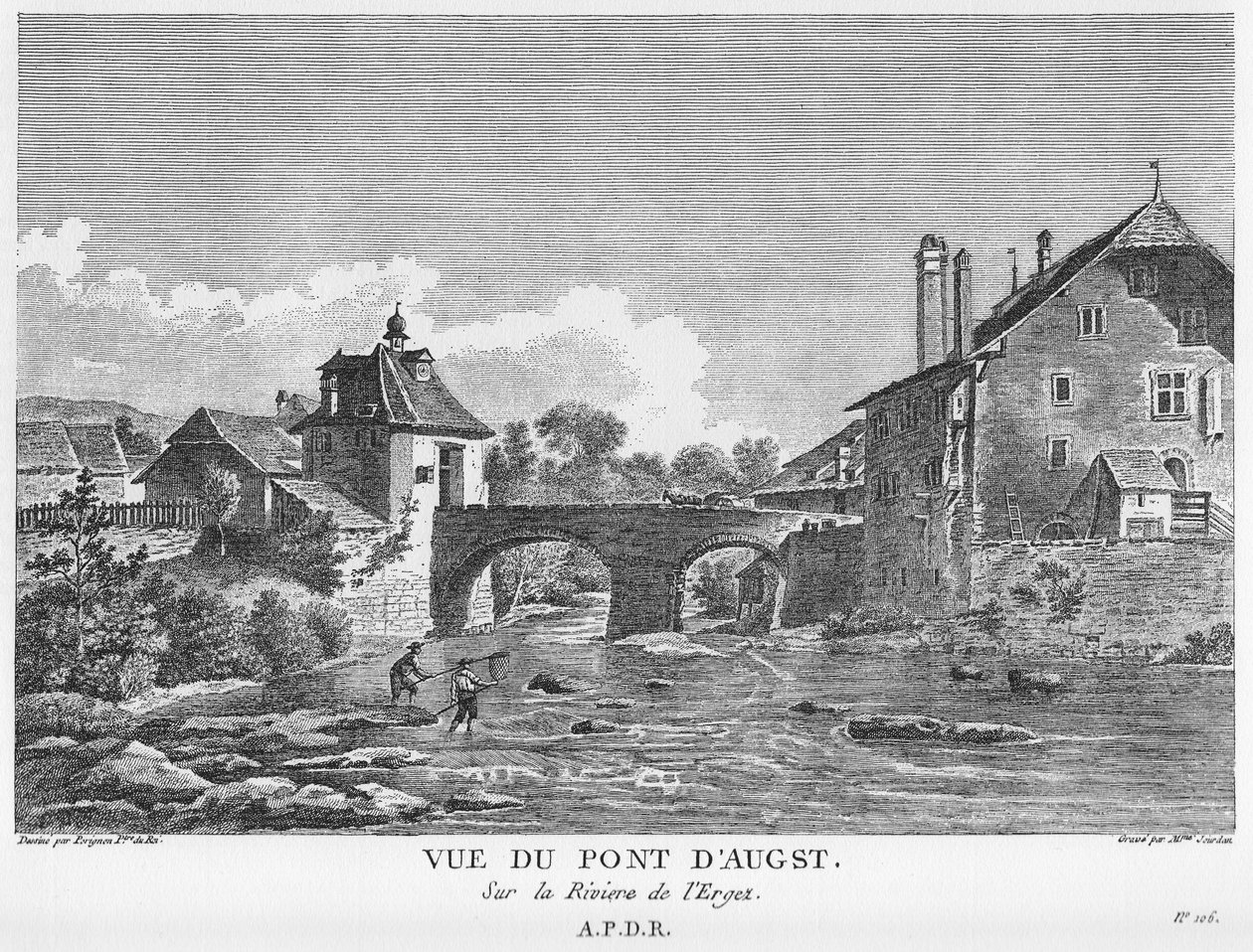 Veduta del ponte sul fiume Ergolz ad Augst. Incisione su rame di Mme. Jourdan da un disegno di Nicolas Pérignon da Nicolas Pérignon, Mme. Jourdan