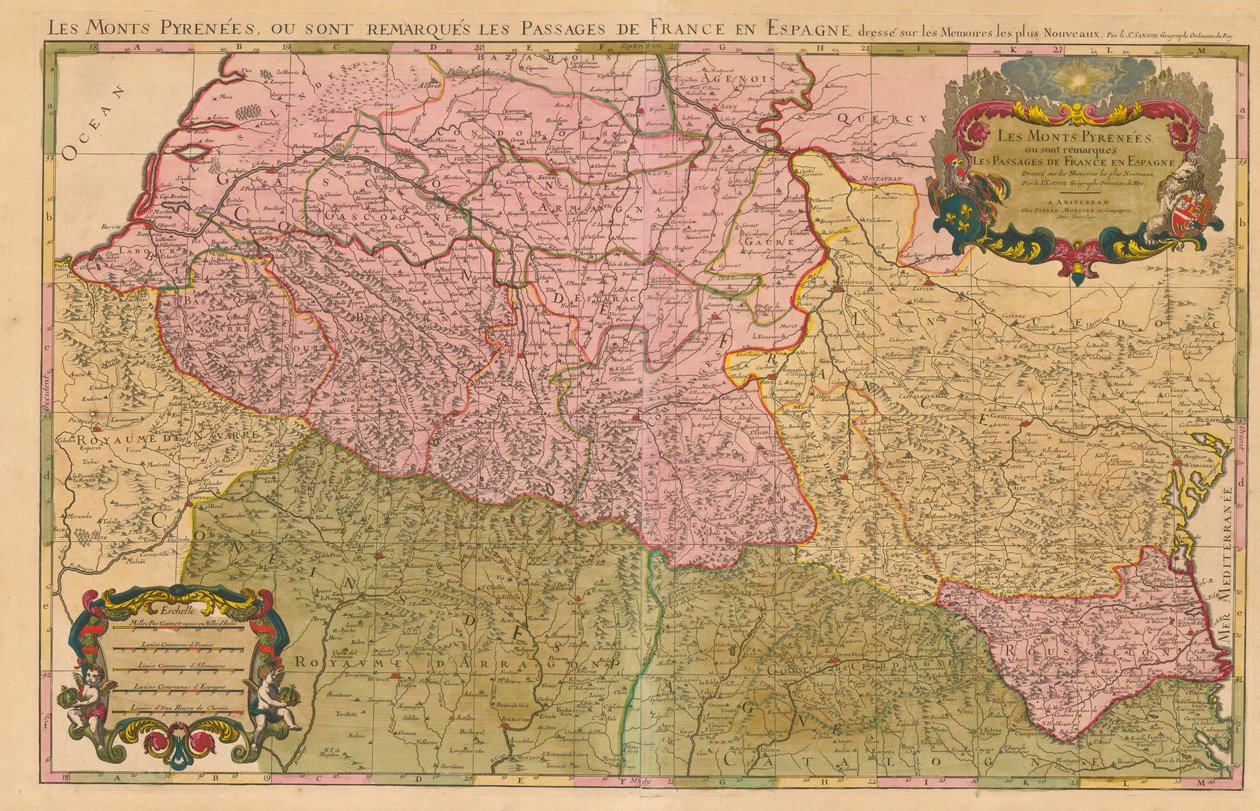 Monti Pirenei e confine internazionale tra Francia e Spagna che mostra i passi montani tra i due paesi da Nicolas Sanson