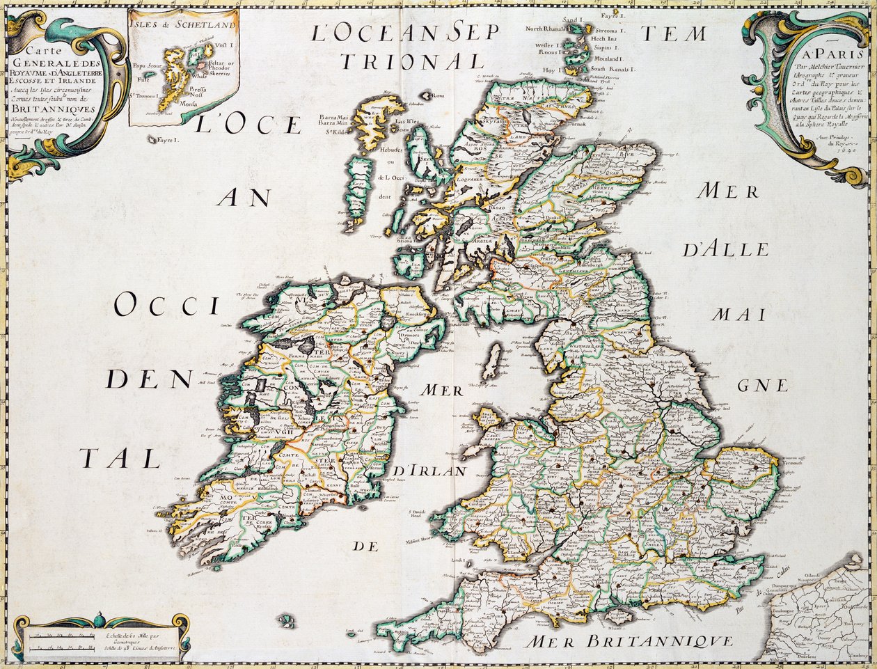 Mappa della Gran Bretagna e Irlanda, pubblicata a Parigi nel 1640 da Nicolas Sanson