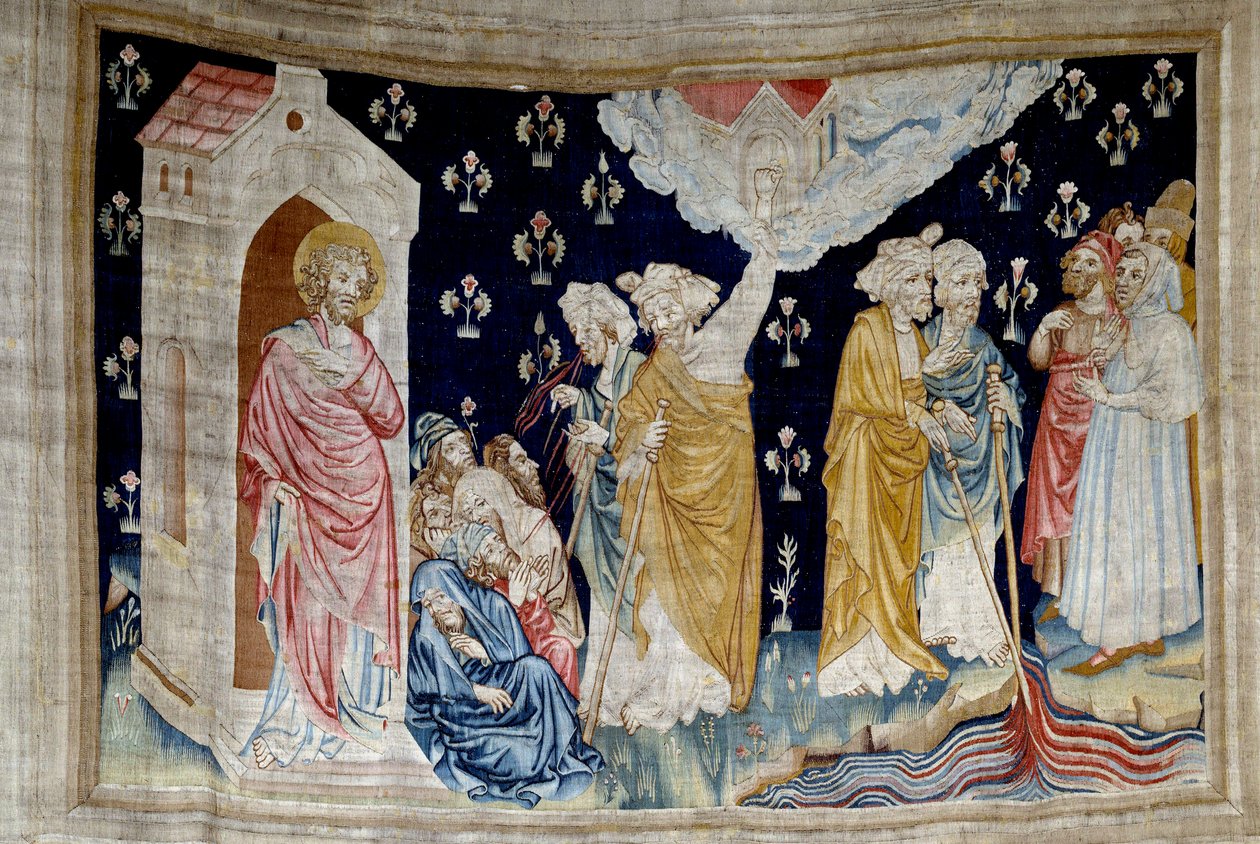 Arazzo della Rivelazione (1373-1383), n. 28: il miracolo. I fedeli servitori di Dio e i profeti guardano il fiume trasformato in sangue. Arazzo di Nicolas Bataille (1330-1405) da Nicolas Bataille