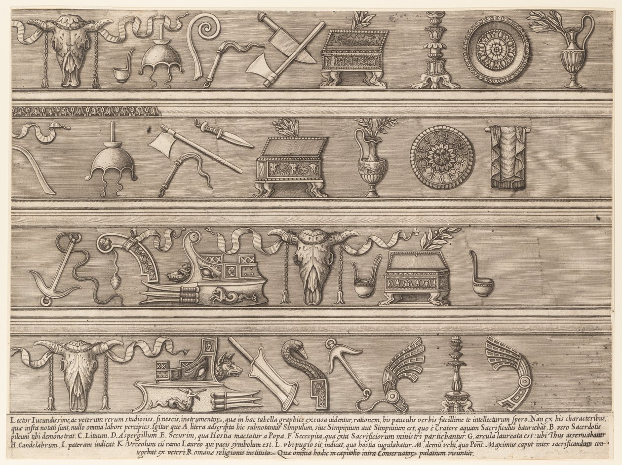 Speculum Romanae Magnificentiae: Strumenti sacrificali basati su antichi rilievi da Nicolas Beatrizet.