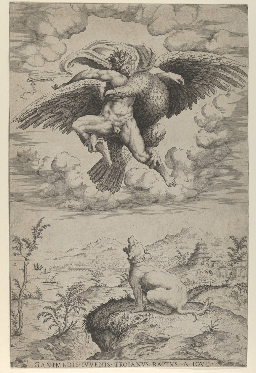 Il ratto di Ganimede da parte di Giove sotto forma di aquila che lo porta nei cieli da Nicolas Beatrizet