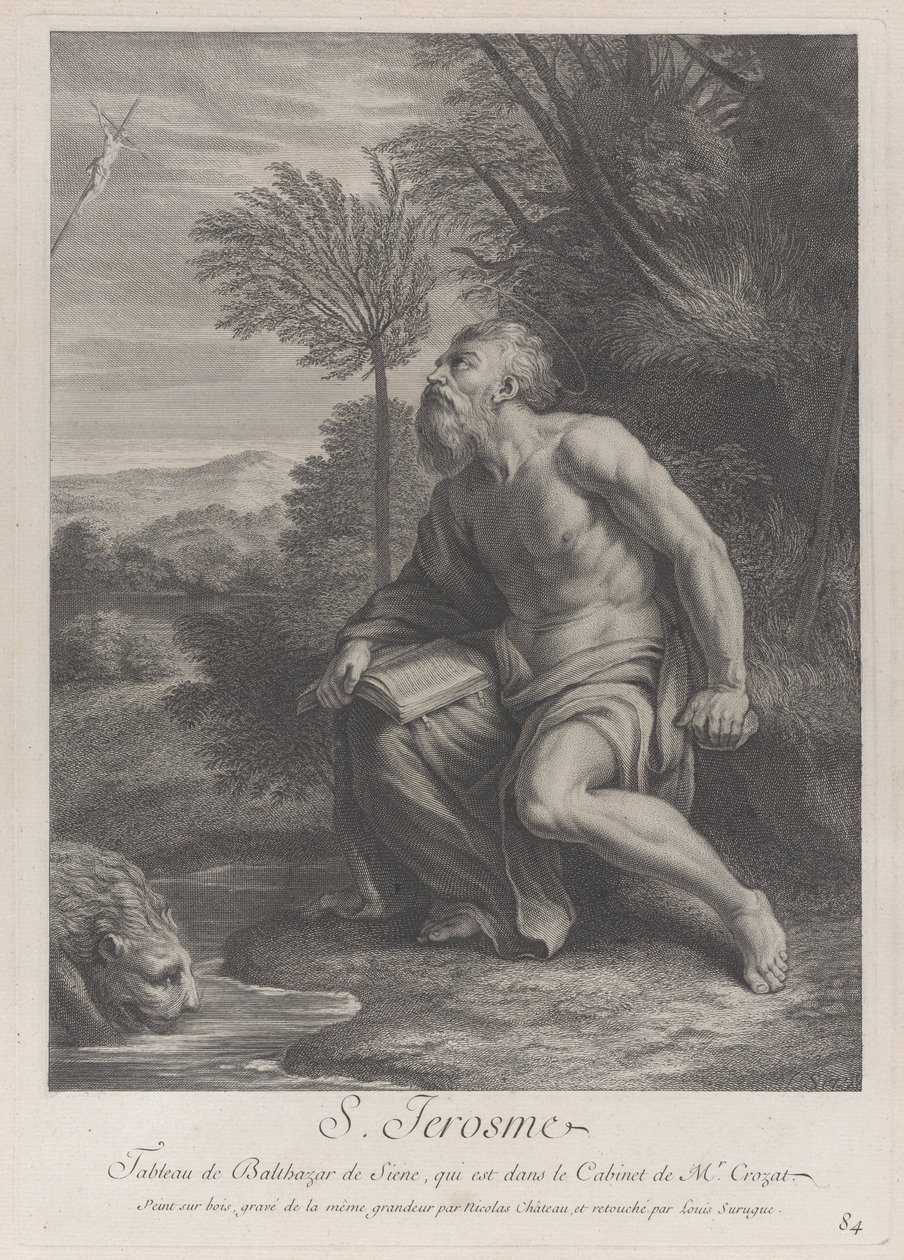 San Girolamo seduto sotto un albero che guarda un crocifisso, un leone beve acqua da un ruscello, 1728 da Nicolas Chateau