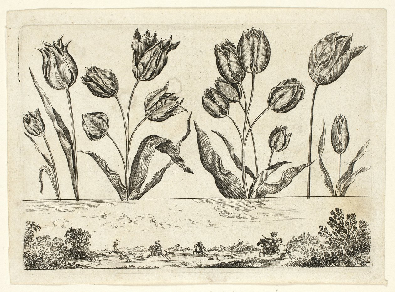 Fiori e scena di caccia, da Livre Nouveau de Fleurs... da Nicolas Cochin