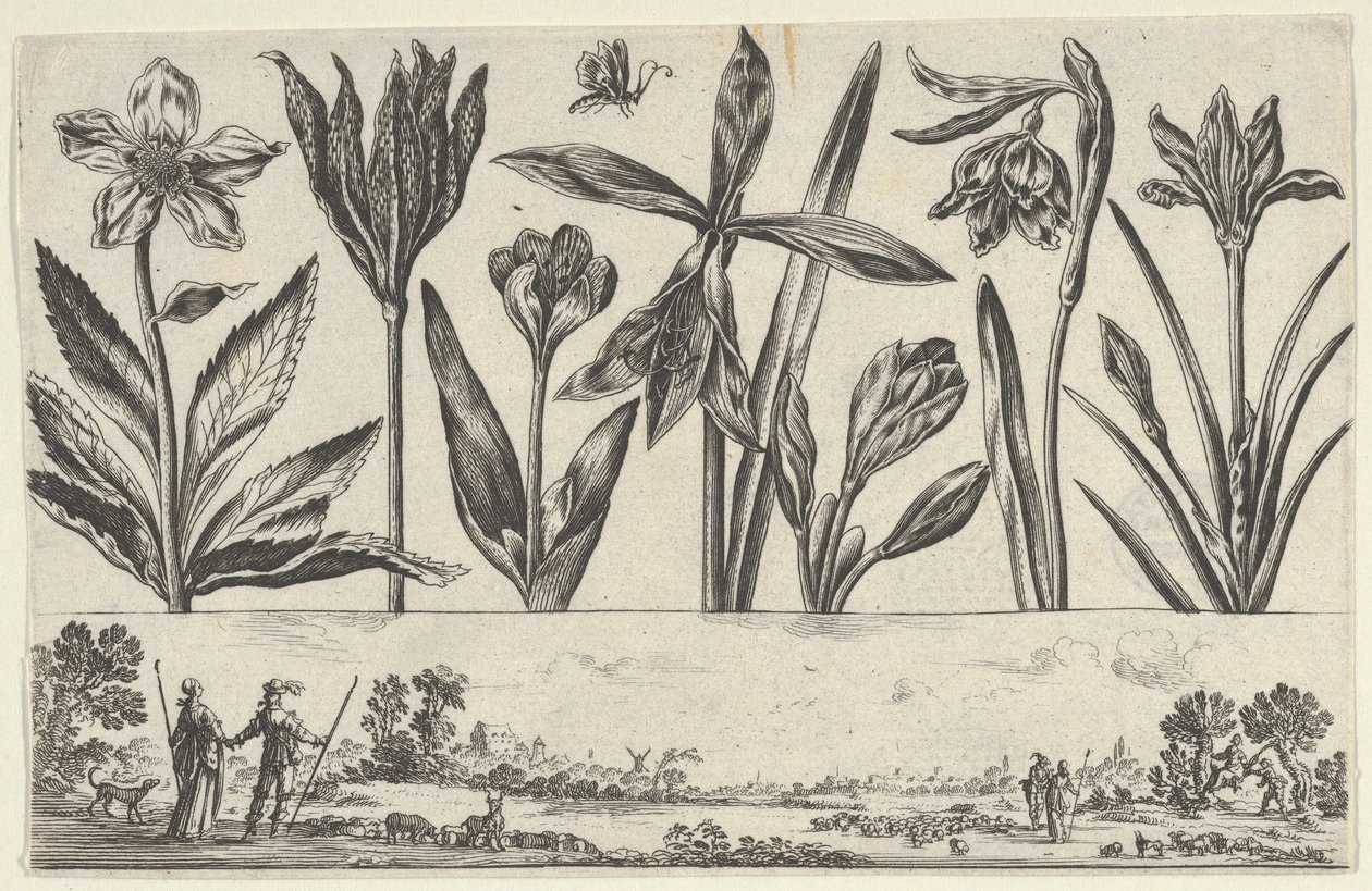 Pannello orizzontale con una fila di fiori sopra un fregio con figure in un paesaggio da Nicolas Cochin