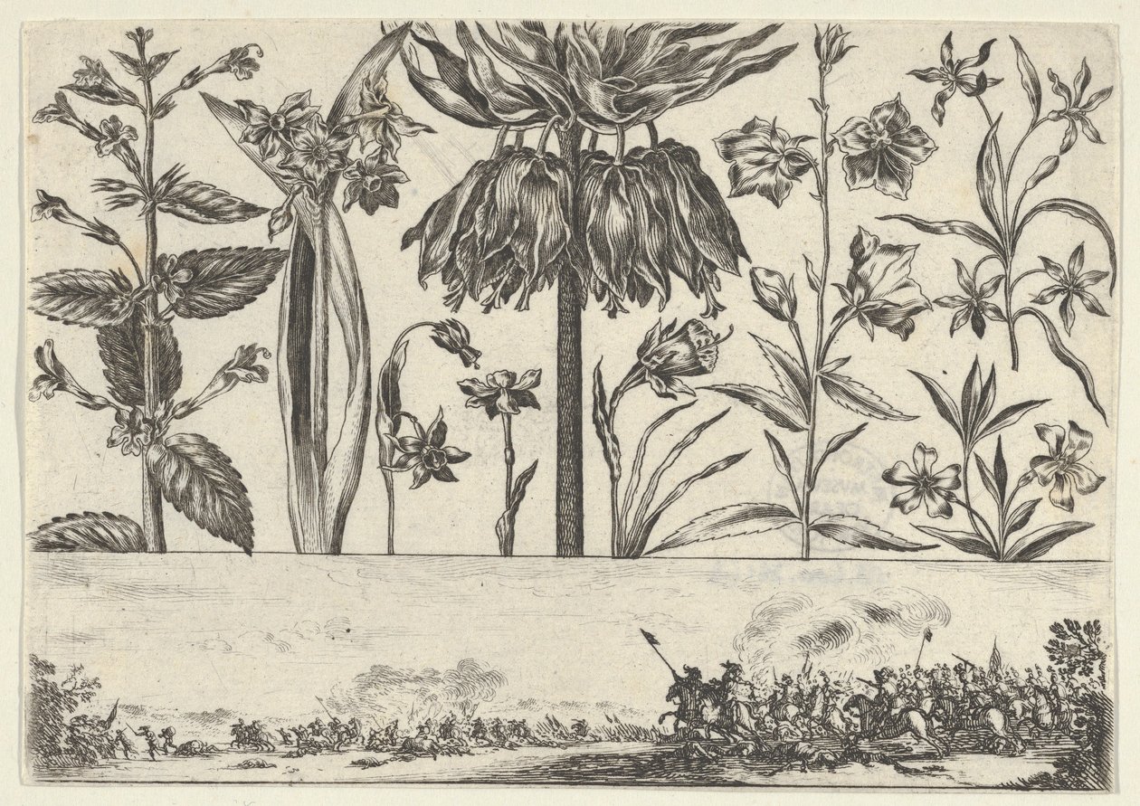 Pannello orizzontale con una fila di fiori sopra un fregio con una scena di battaglia in un paesaggio da Nicolas Cochin