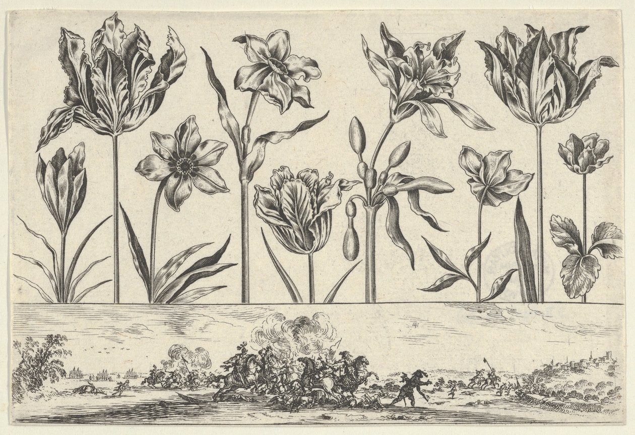 Pannello orizzontale con una fila di fiori sopra un fregio con una scena di battaglia in un paesaggio da Nicolas Cochin