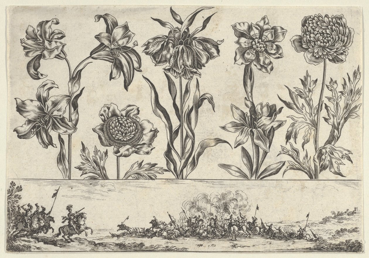 Pannello orizzontale con una fila di fiori sopra un fregio con una scena di battaglia in un paesaggio da Nicolas Cochin