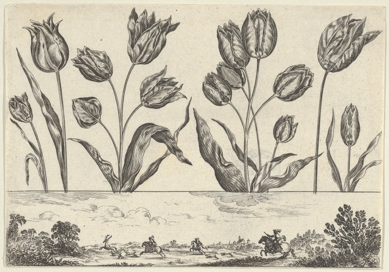 Pannello orizzontale con una fila di fiori sopra un fregio con una scena di caccia in un paesaggio da Nicolas Cochin