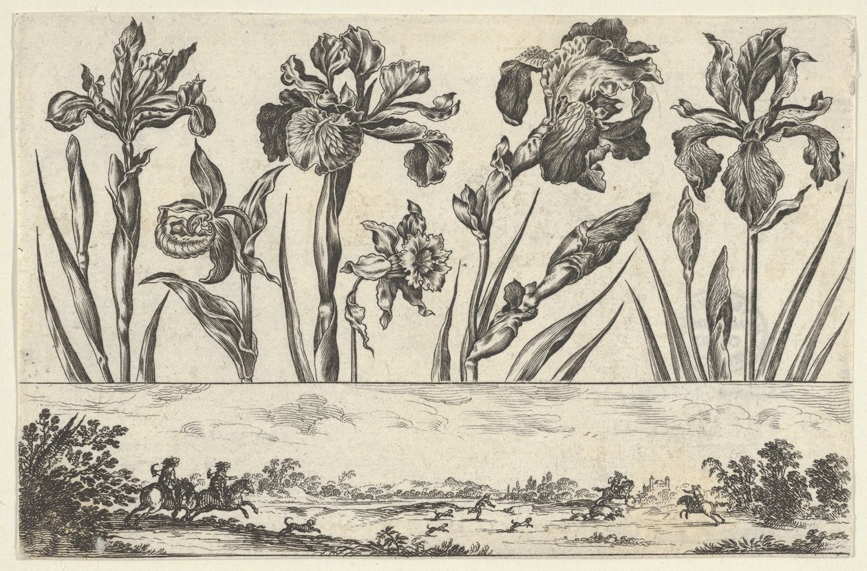 Pannello orizzontale con una fila di fiori sopra un fregio con una scena di caccia in un paesaggio da Nicolas Cochin