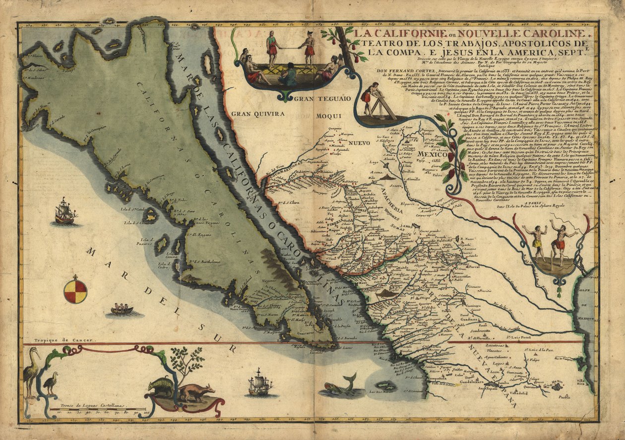 La Californie ou Nouvelle Caroline - teatro delle opere, Opere apostoliche della Compa. e Jesus in America Septe. LOC 96686640 da Nicolas de Fer