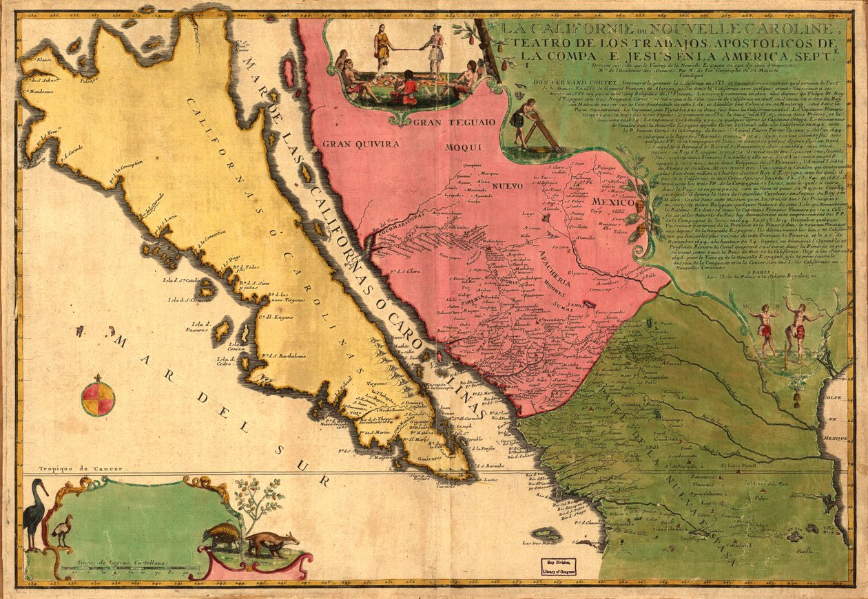 La Californie ou Nouvelle Caroline - teatro delle opere, Opere apostoliche della Compa. e Jesus in America Septe. LOC 98687119 da Nicolas de Fer
