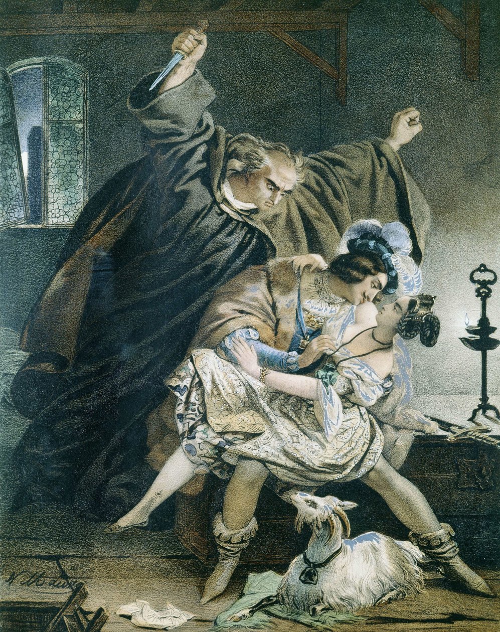 Esmeralda, Phoebus e Claude Frollo (Notre Dame de Paris) di Victor Hugo. Illustrazione di Nicolas Eustache Maurin (1799-1850). Collezione privata da Nicolas Eustache Maurin