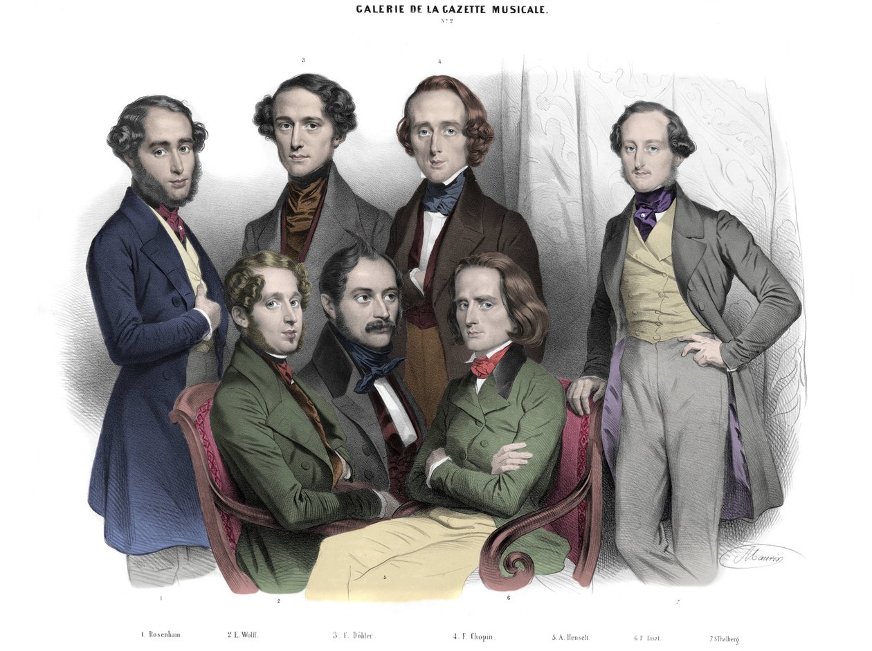 Galerie de la Gazette musicale N. 2. Celebri del 1842: Frédéric Chopin, Franz Liszt, Jacob Rosenhain, Édouard Wolff, Sigismund Thalberg, Adolf von Henselt, Theodor Döhler. Incisione di Nicolas da Nicolas Eustache Maurin