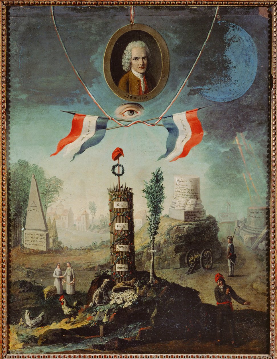 Allegoria della Rivoluzione francese con ritratto di Jean-Jacques Rousseau e cofano frigio giacobino ... da Nicolas Henri Jeaurat de Bertry