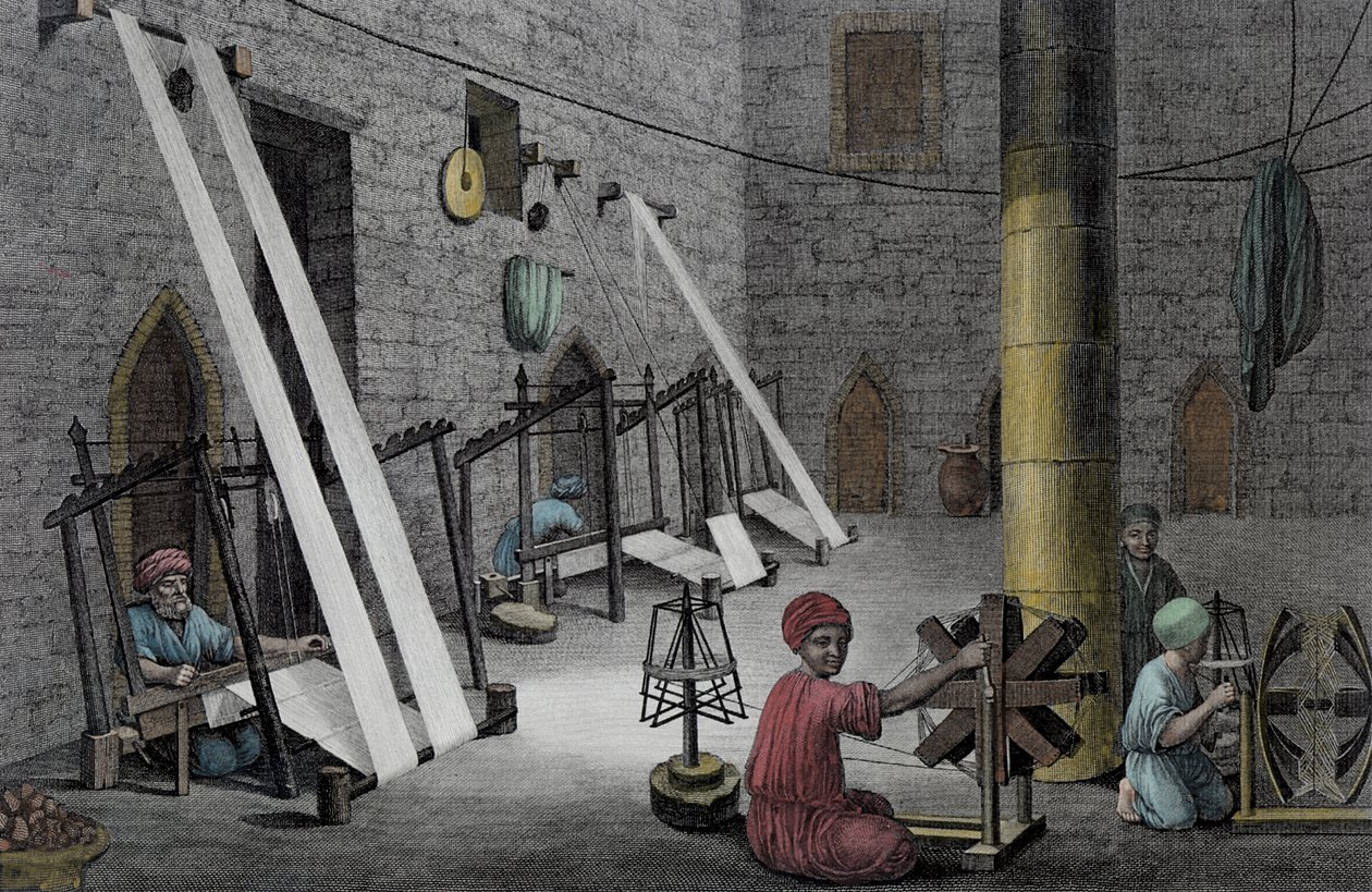 Interno di un laboratorio di tessitura, da Volume II Arti e Mestieri di 
