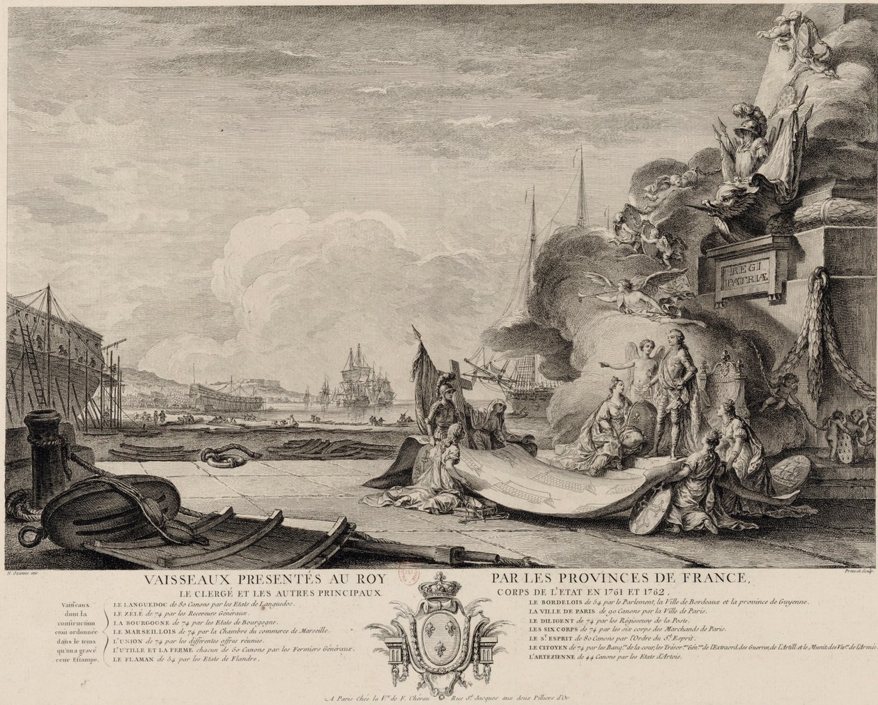 Incisione allegorica del dono delle navi 1762 ca. da Nicolas Ozanne