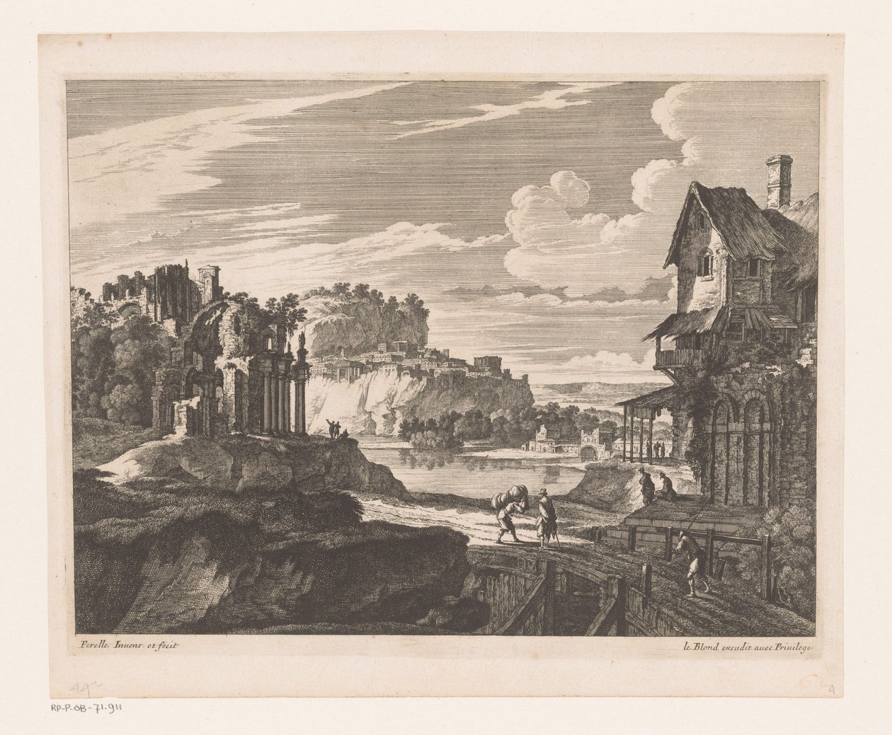 Paesaggio con case e rovine lungo il fiume da Nicolas Perelle