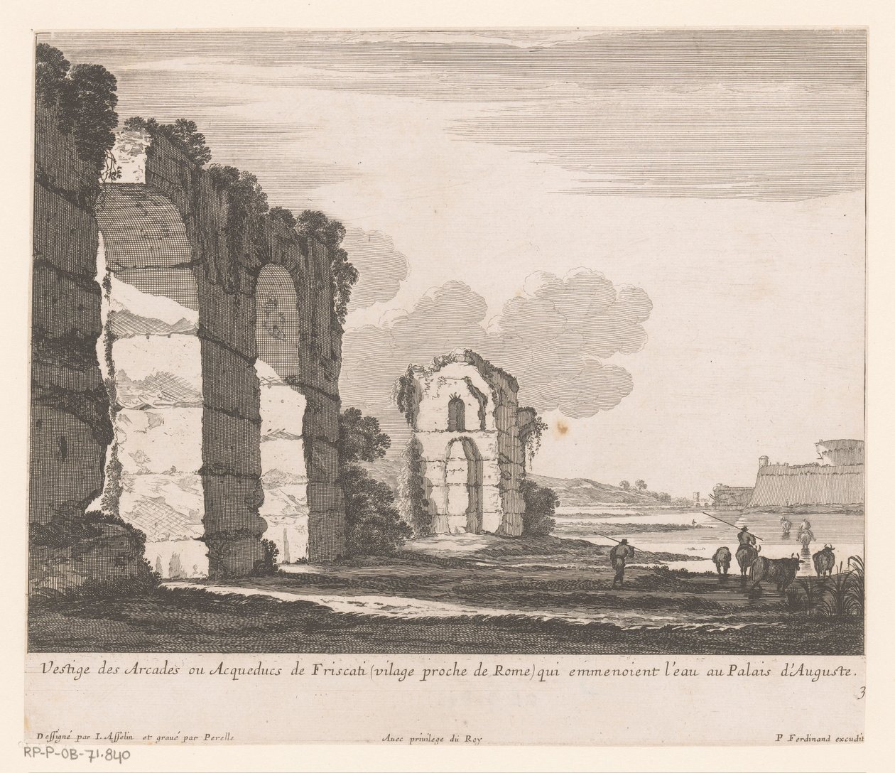 Paesaggio con rovine e pastori di mucche (Vestige des Arcades ou Acqueducs de Friscati) da Nicolas Perelle