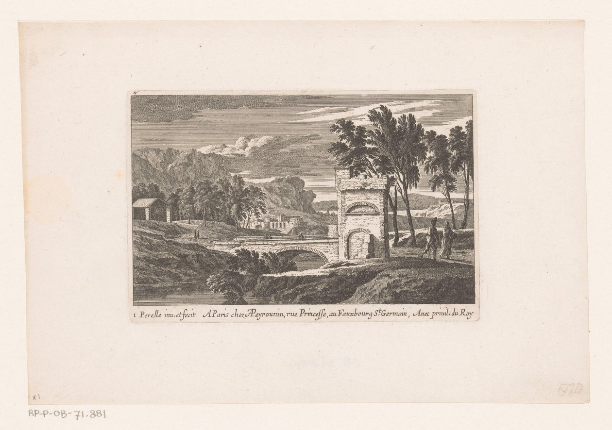 Paesaggio con escursionisti vicino a un ponte di pietra da Nicolas Perelle