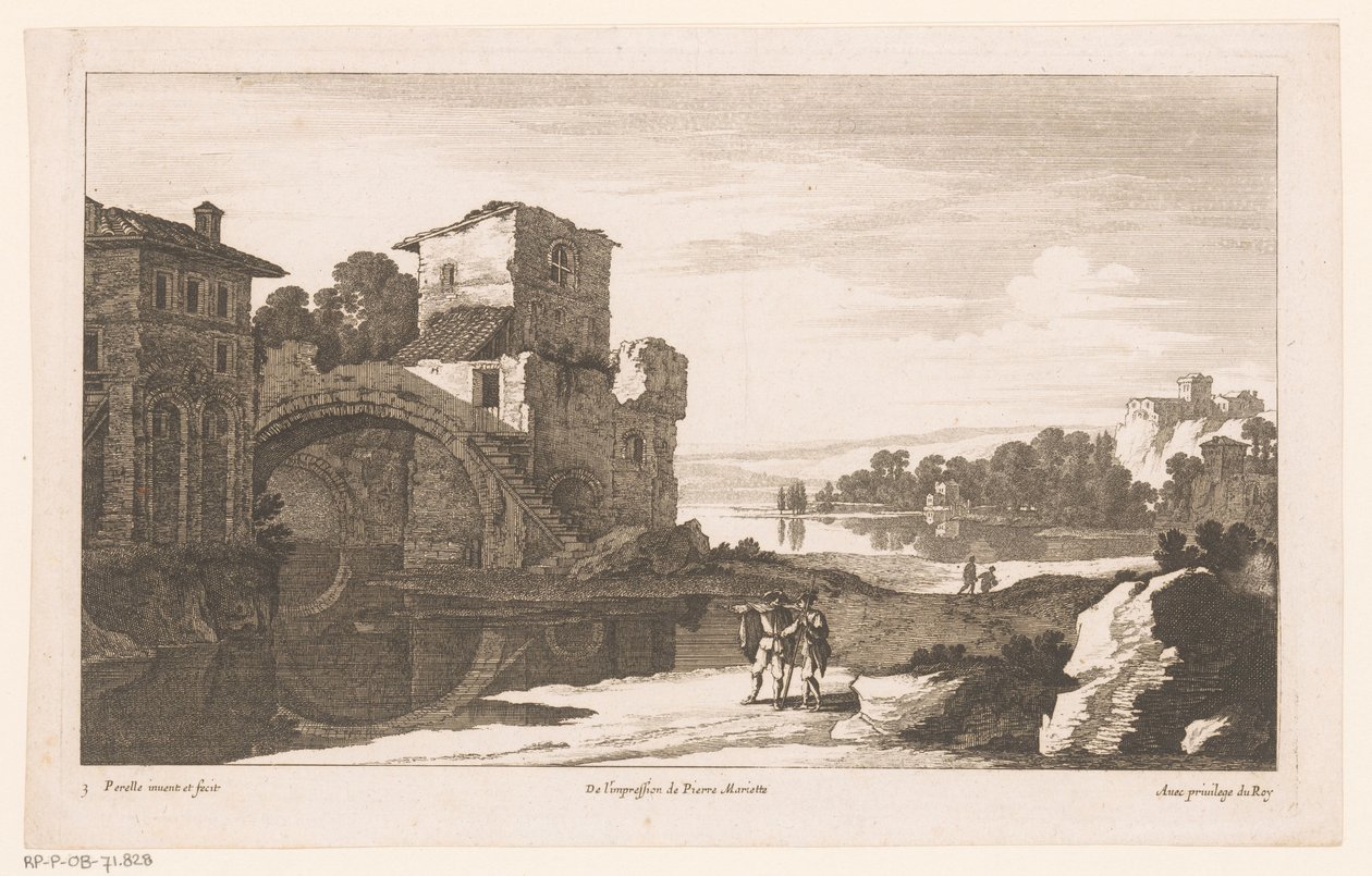 Paesaggio fluviale con rovina e ponte ad arco da Nicolas Perelle