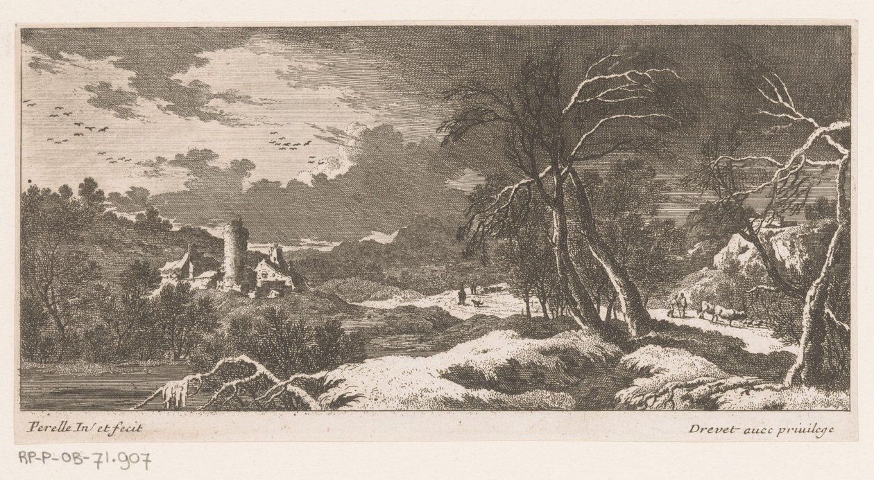 Paesaggio invernale con case e torre da Nicolas Perelle