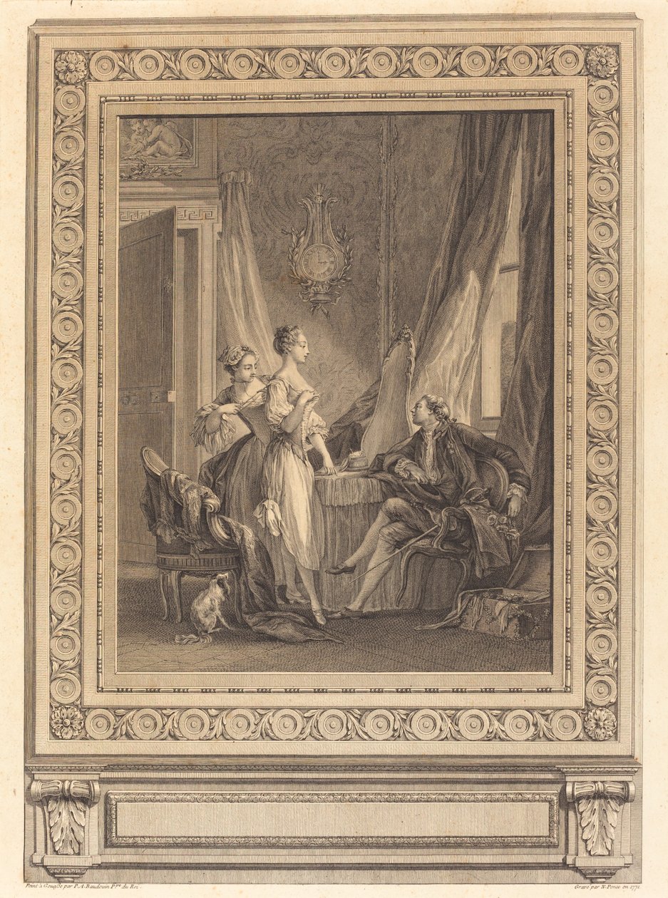 La toilette da Nicolas Ponce after Pierre Antoine Baudouin with border by Charles Nicolas Cochin II