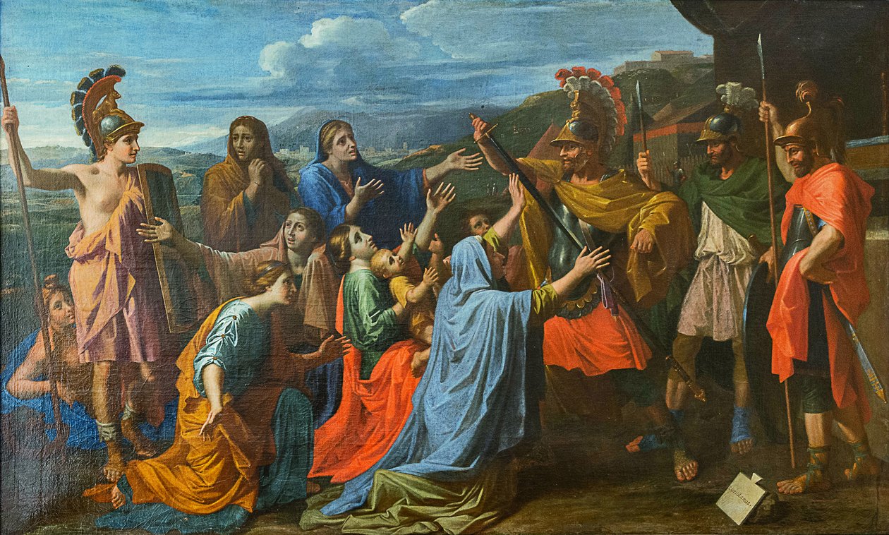 Coriolano persuaso dalla sua famiglia a risparmiare Roma Veturia ai piedi di Coriolano, ca 1652 da Nicolas Poussin