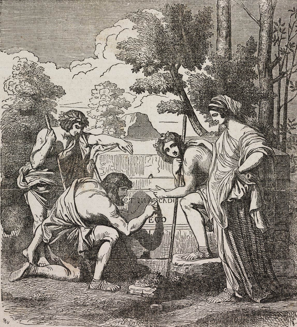 Pastori di Arcadia, dopo il dipinto di Nicolas Poussin, illustrazione da Teatro universale, Raccolta enciclopedica e scenografica, n 512, 4 maggio da Nicolas Poussin