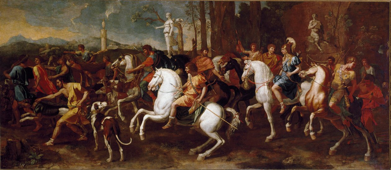 La caccia di Meleagro. Eroi della mitologia greca famosi durante la caccia al cinghiale di Calidone. Dipinto di Nicolas Poussin da Nicolas Poussin