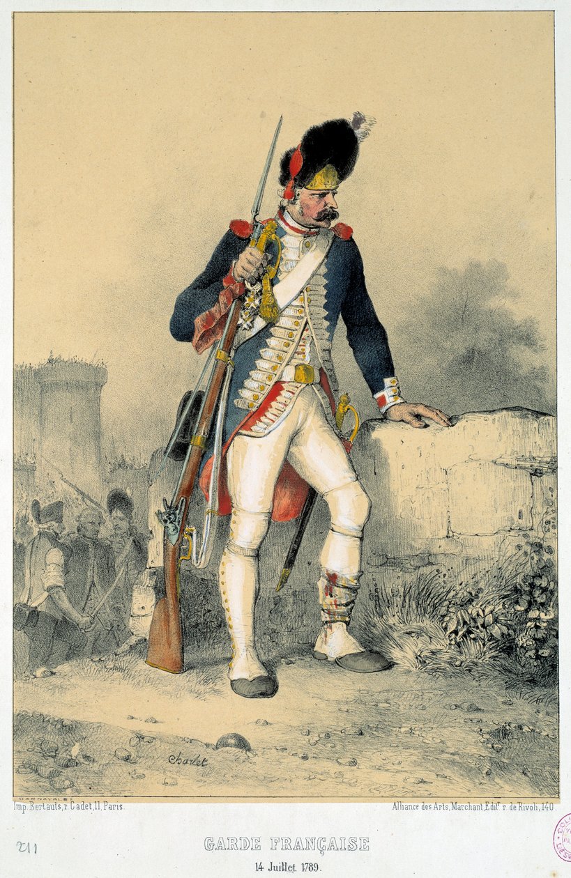 Membro della guardia francese (14 luglio 1789). Incisione di Nicolas Toussaint Charlet (1792-1845) da Nicolas Toussaint Charlet