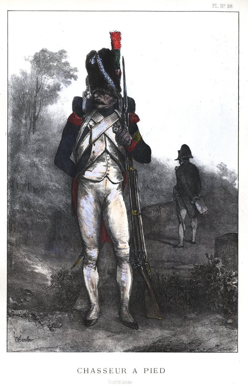 Guerre napoleoniche, Chasseur a piedi della Guardia Imperiale in uniforme completa, 1845 da Nicolas Toussaint Charlet